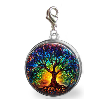 Rainbow Tree of Life Charm Celtic Faux Stained Glass Clips on Necklace Bracelet