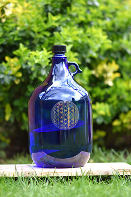 Glasflasche Flasche 5 Liter Blau Vorratsgefäß Henkelflasche mit Blume des Lebens