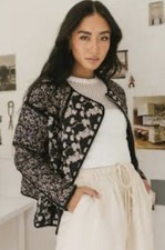 New Without Tags Pull &bear Floral Lightly Quilted Jacket Black Cream Brown L
