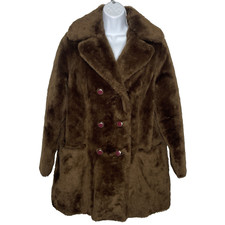 Vintage 70s Brown Faux Fur Coat Jacket Size 10 Double Breasted Button Front