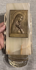 Antica acquasantiera con miniatura in metallo -marmo -Madonna