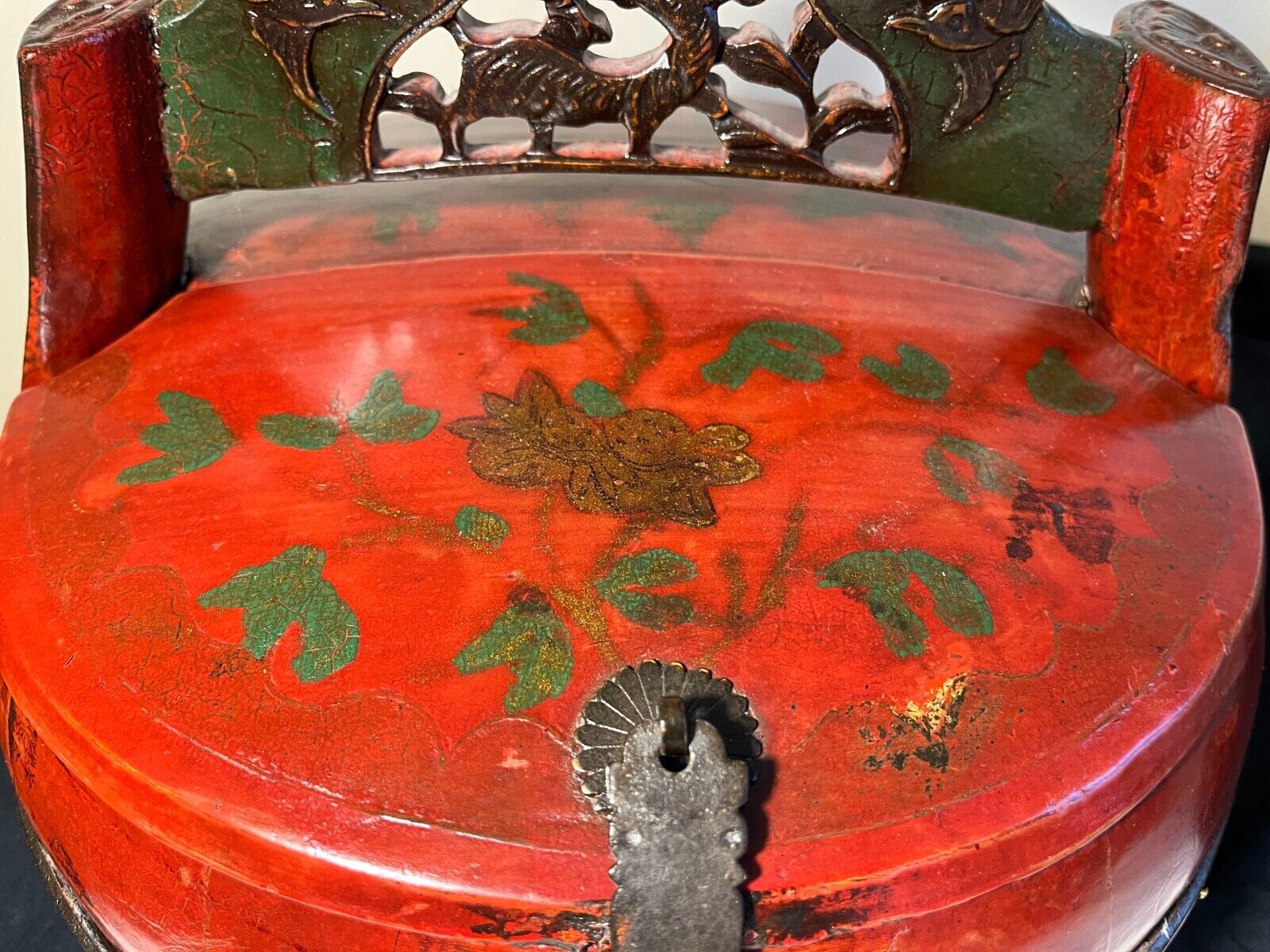 Antique Chinese Red Green Lacquered Wedding Bride Box 19th C Exquisite Estate