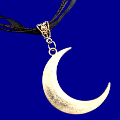 BLACK RIBBON SILVER CRESCENT MOON CHOKER gothic witch wiccan lunar necklace 1C