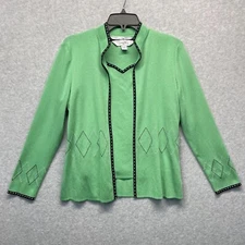 Ming Wang Knit Twin Set Womens XS Green Argyle Embroidered Cardigan Career Wear