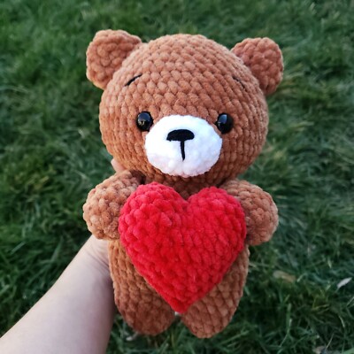Teddy Bear Red Heart Love Plush Handmade Plushie Crochet Amigurumi Stuffed Toy