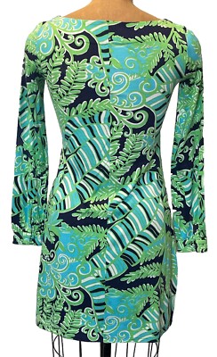 blue and green lilly pulitzer dress Lilly Pulitzer Fern Pattern Long Sleeve Shirt Dress Blue Green Silk Blend  XS