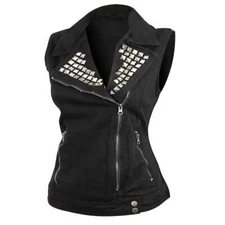 Motorcycle Vest Denim Studded Collar Black Blue Vance Leather VB1050