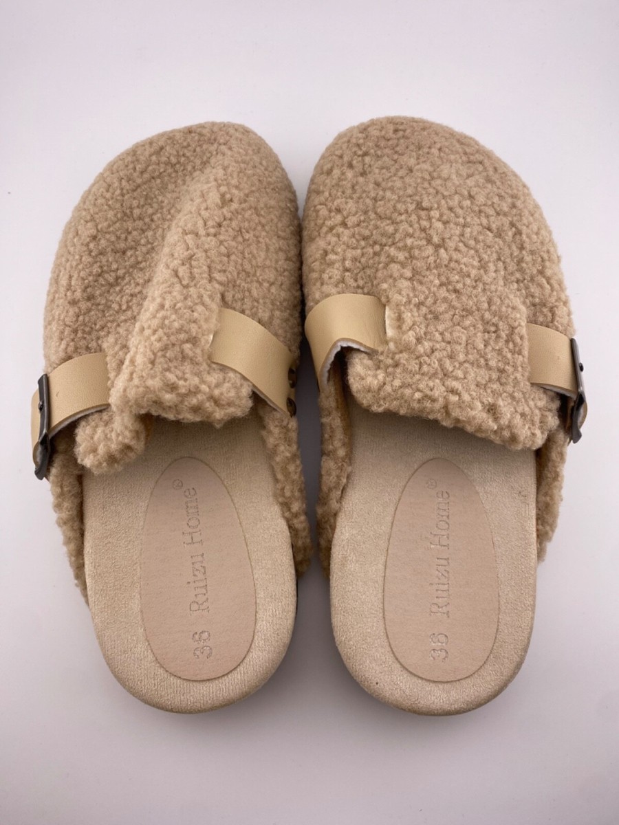Women's Faux Fur Slippers, Cozy Plush Cork Sandals with Adjustable