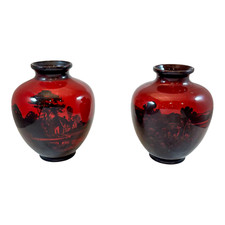 Art Deco Paar rote Flambe Folk Porzellan Urnen Vasen, Charles Noke, Royal Doulton