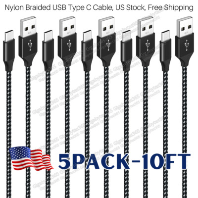 5Pack Braided USB C Type-C Fast Charging Data SYNC Charger Cable Cord 10FT Lot
