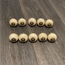 Vtg Set Of 10 Floral Brass Striated Ceramic Stone Cabinet Drawer Knobs/ Pulls
