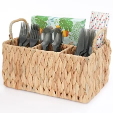 Wicker Party Silverware Caddy, Water Hyacinth Plastic Cutlery Utensil Holder,...