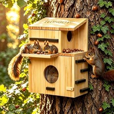 Large Wooden Squirrel House for Outside with Window Dual Balconies Squirrel...