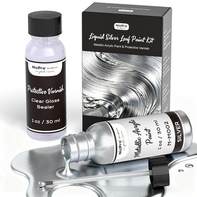 Liquid Silver Leaf Paint Kit 2x30ml Metallic Acrylic Chrome Varnish Wood Resin 
