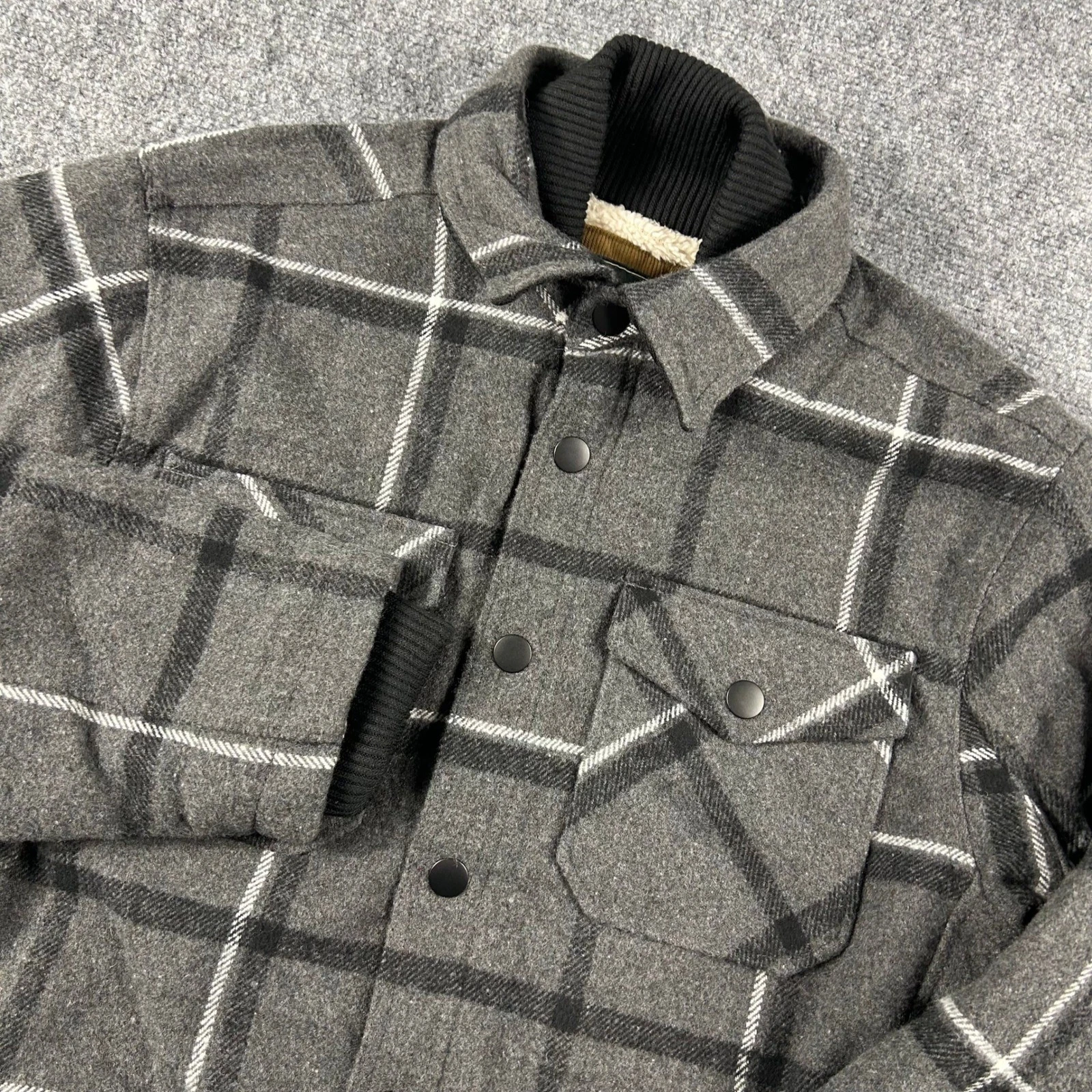 Jachs New York Shirt Jacket Mens Medium Gray Plaid Sherpa Lined Wool Shacket