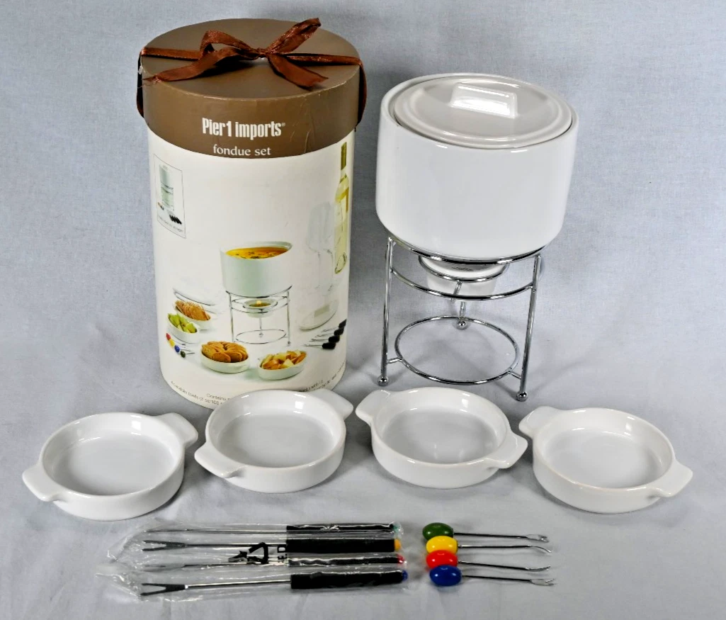 NEW Open Box Pier 1 Fondue Set White Stoneware Stacks for Storage 4 Bowls 8 Fork
Opens in a new wind