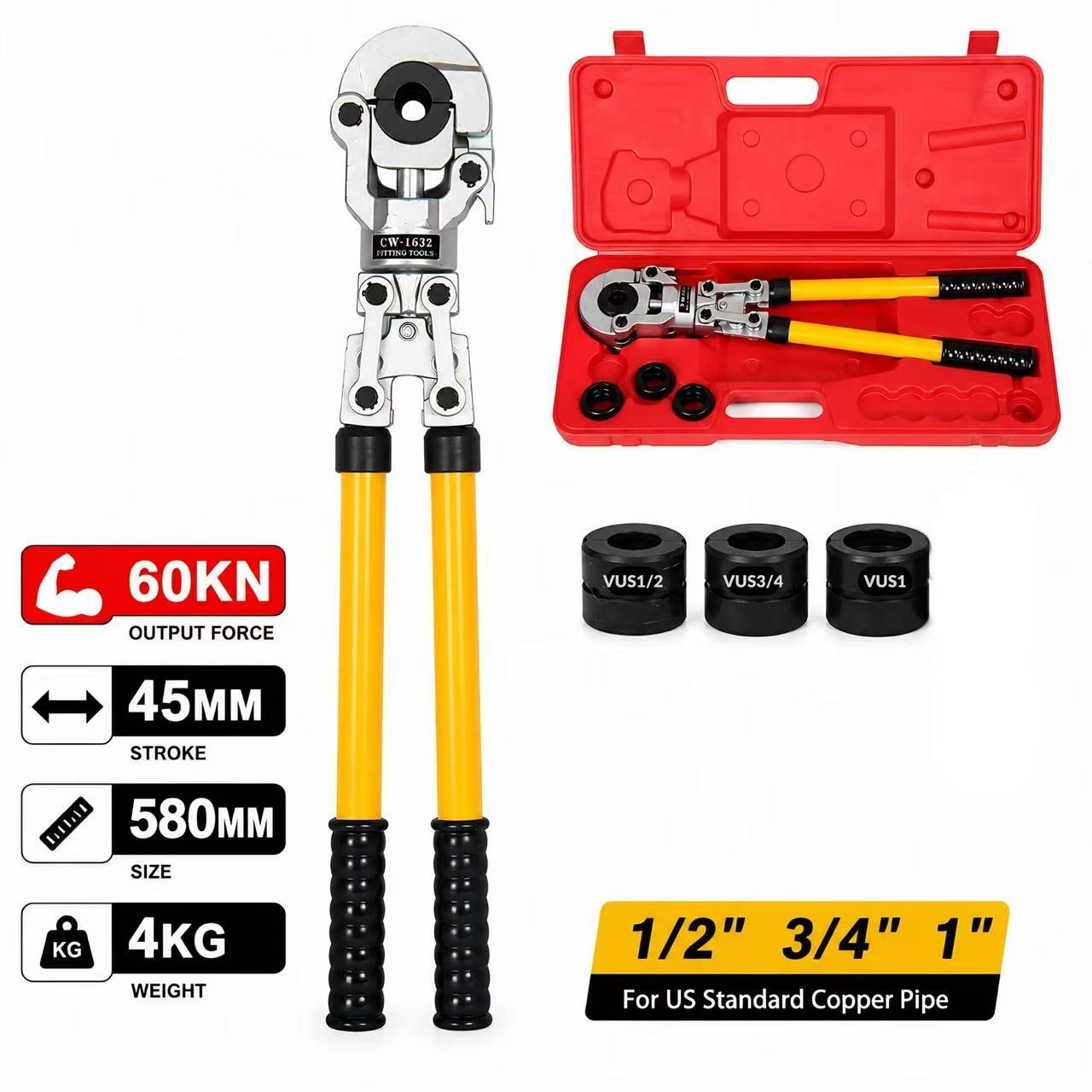 60kN Manual Hydraulic Copper Pipe Press Tool Kit & 1/2"3/4" 1" Dies
