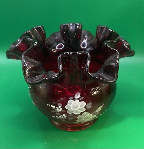 vintage Fenton ruby red ruffled glass rose bowl vase,  hand-painted Signed