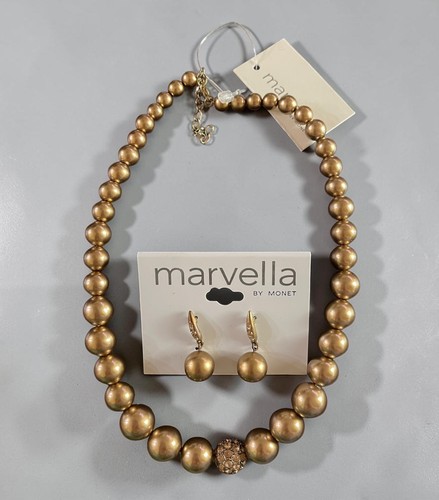 Vintage Marvella Gold Tone Ball Bead Necklace & Earrings Set NWT