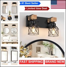Farmhouse Bathroom Vanity Light 2 Light Wood Wall Mount E26 Cage Matte Black