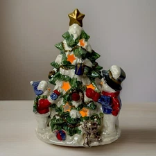 Vintage Christmas Tree Snowman Tea-light Holder 8”x5” Ceramic Hanging Ornaments