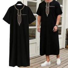 Men Long Sleeve Muslim Clothing Saudi Embroidery Arab Thobe Dress Robe Black