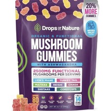 Drops Of Nature Mushroom Complex Gummies with KSM-66 Ashwagandha, Lion's Mane