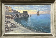 Sea Board, Seascape Seaport, Antique Original Antique Oil, 1900?s Framed