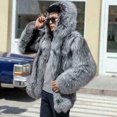 men silver faux fur parkas faux fur hooded coat thicken jacket