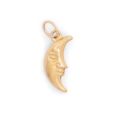 Italienischer wendbarer 3D Halbmond Mond Gesicht Charm Anhänger Echt 14K Gelbgold