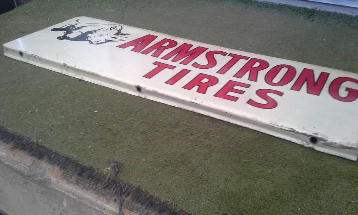 RARE 1940's ARMSTRONG TIRES DOUBLE SIDED FLANGE SIGN