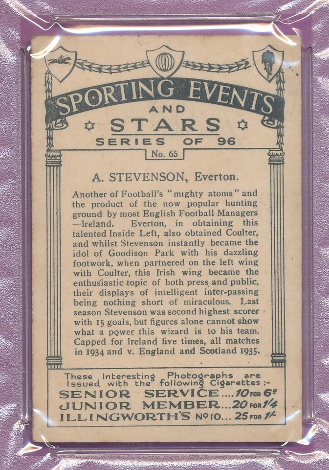 PSA 5 EX ALEX STEVENSON IRELAND 1935 FUTBOL SOCCER #65 GRADED FIFA EVERTON TPHLC - Image 3 of 4