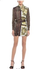 Versace Barocco Print Patchwork Long Sleeve Tie-Neck Mini ShirtDress SZ 44EU/8US