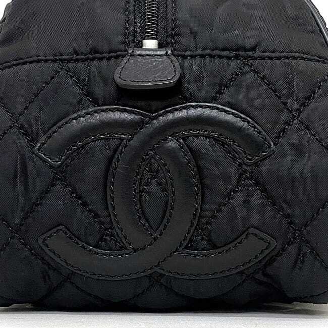 Chanel Mini Boston Bag Black Silver Parisyork A33103 Nylon Leather Used
