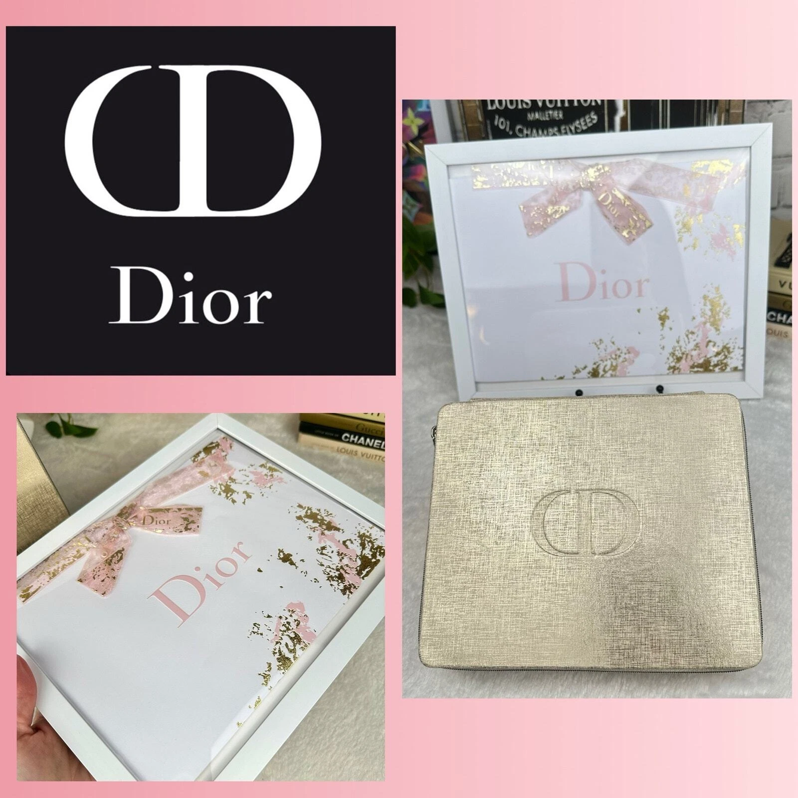 DIOR NEUF boite souvenir bijoux tissu métal doré avec sac encadré Dior