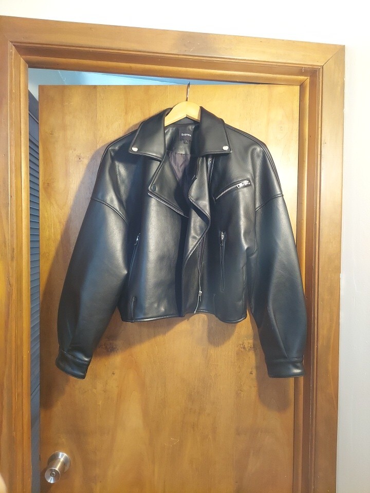 Black Faux Leather Biker Jacket for Women - Size L NWOT