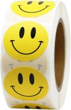 Happy Face Paper Stickers, 1 Inch Yellow, 500 Pieces Per Roll, Permanent A