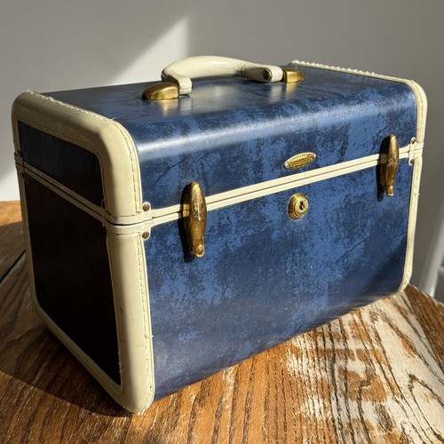 Vintage Samsonite Schwayder Train Luggage 4712 Makeup Travel Case Blue Marble