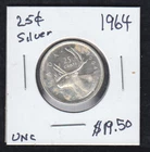 1964   25 cent silver  coin.  #1   Item #3242