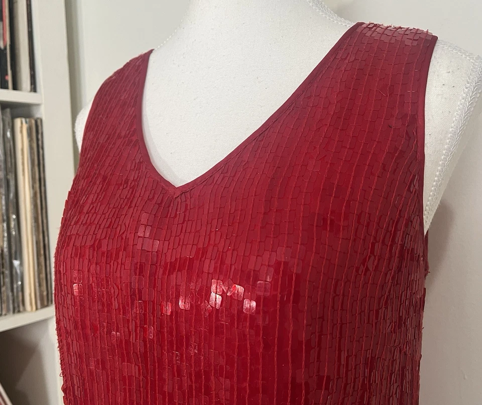 Top sin mangas vintage años 90’s Alfani 100 % seda rojo brillante lentejuelas cuentas para mujer’s M Foto 3 de 4