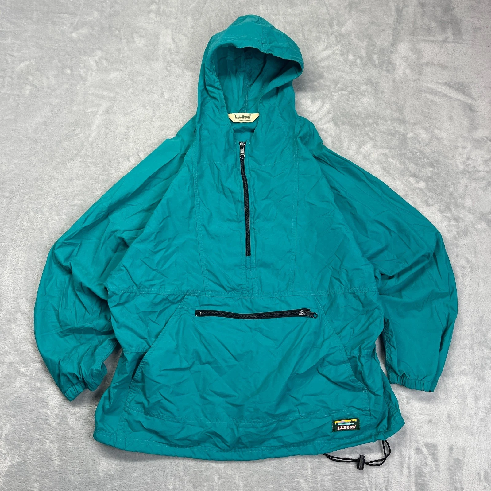 Vtg L.L. Bean Windbreaker Jacket Mens XL Teal Packable Hooded 1/4 Zip Pullover