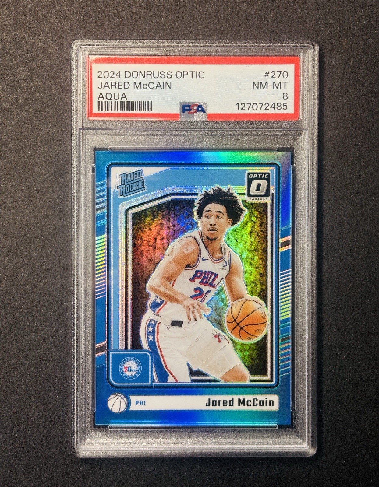 2024-25 Donruss Optic Jared McCain Aqua Prizm Rookie RC /225 PSA 8 76ers #270