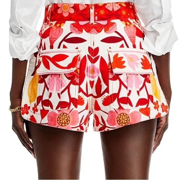Nuevo Pantalones Cortos Farm Rio Románticos Huertos Rojo Multi Floral Algodón Talla 30 Foto 2 de 4