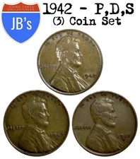1942 P D S Lincoln Wheat Cents (3) Coins Average Circulated/Better *JB's Coins*