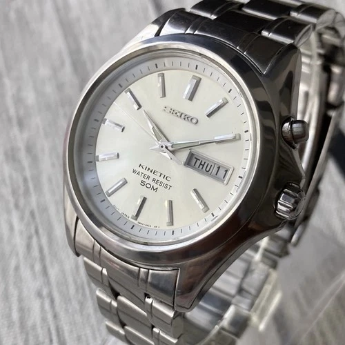 Seiko Watch Kinetic Mens Vintage Silver Dial All Steel 41mm Case