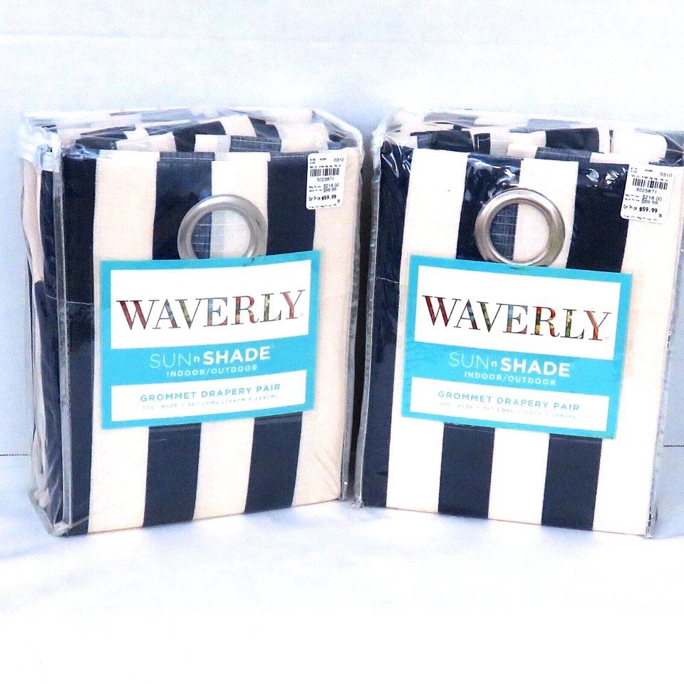 Lote de 2 ojales Waverly Sun n Shade suela a rayas índigo 100" x 96" 4 PANELES Foto 2 de 4