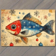 Art Print Blue Fish Wearing Santa Claus Hat Winter Holiday Festive Christmas