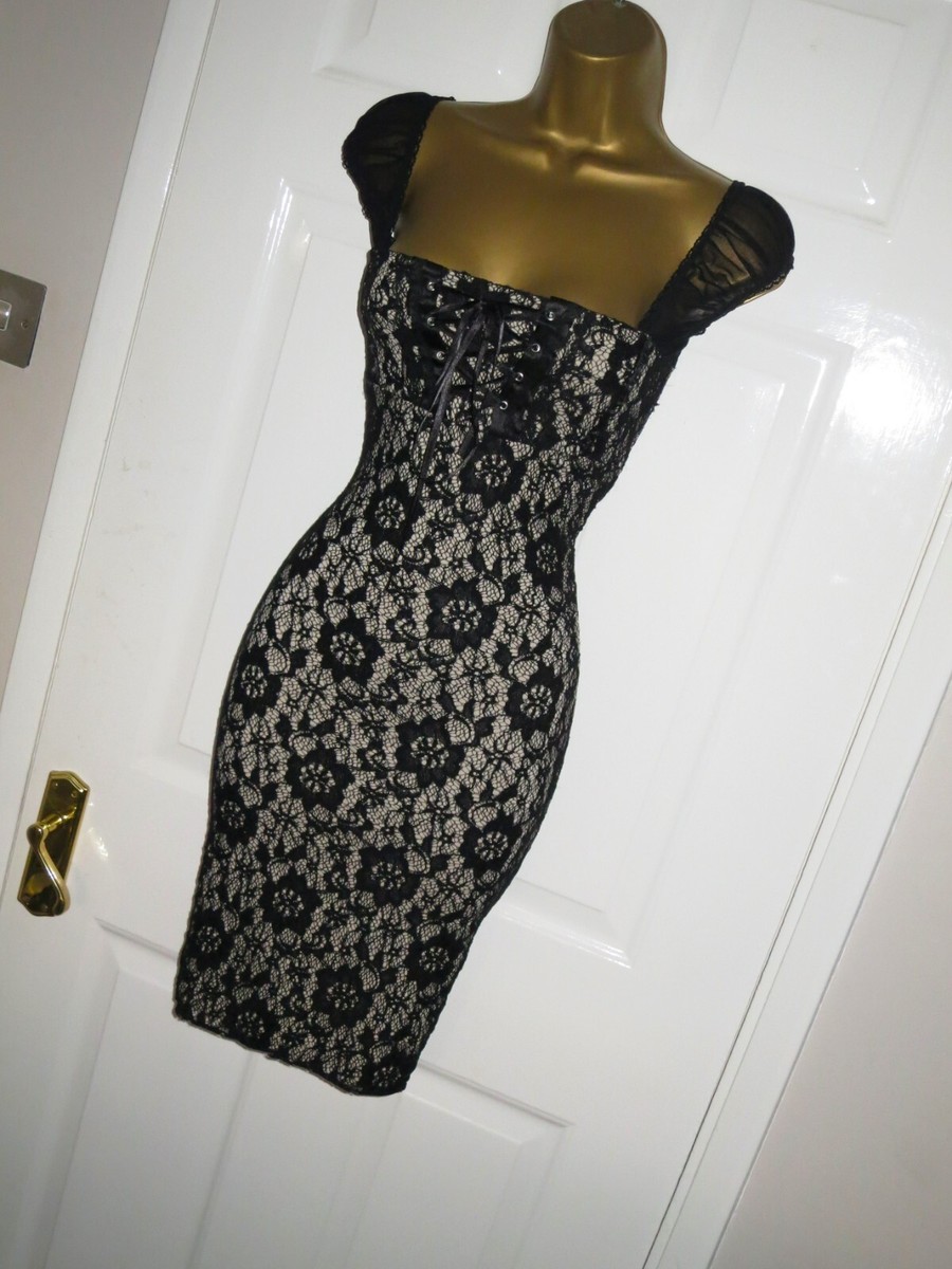 jane norman lace dress Jane Norman Y2K cream black gypsy lace pencil wiggle bodycon party dress sz  8 10