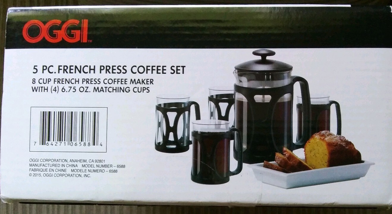 OGGI 5 Piece French Press Coffee Set -  8 Cup French Press With 4 Matching Mugs