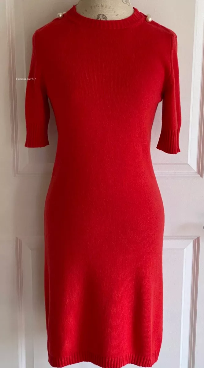 17A CHANEL RED WHITE PEARL EMBELLISHED SHORT SLEEVE CASHMERE DRESS